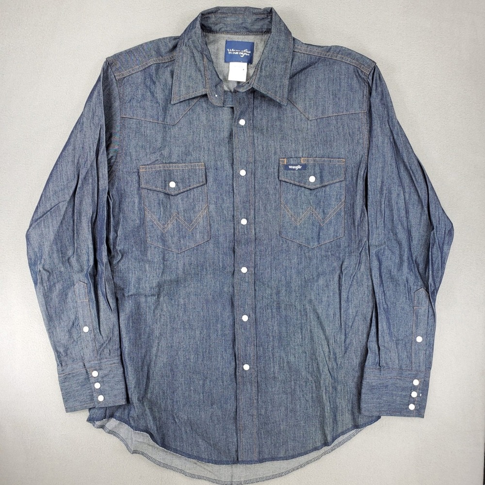 Wrangler Western Shirt Mens L Blue Pearl Snap Dark Denim Cowboy MS70119